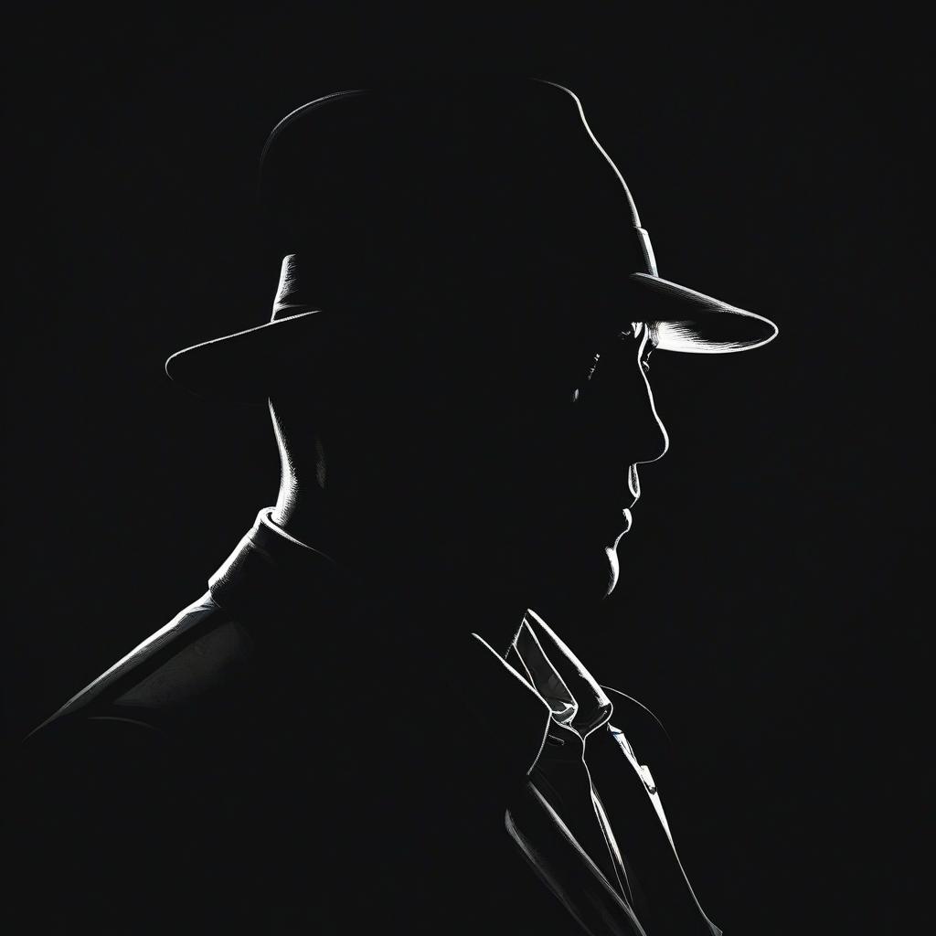  silhouette style a light, focused, colorful, modern illustration of a gloomy gangster in a hat. , portrait, , a modern comic book with three dimensional sketches. night. . high contrast, minimalistic, black and white, stark, dramatic