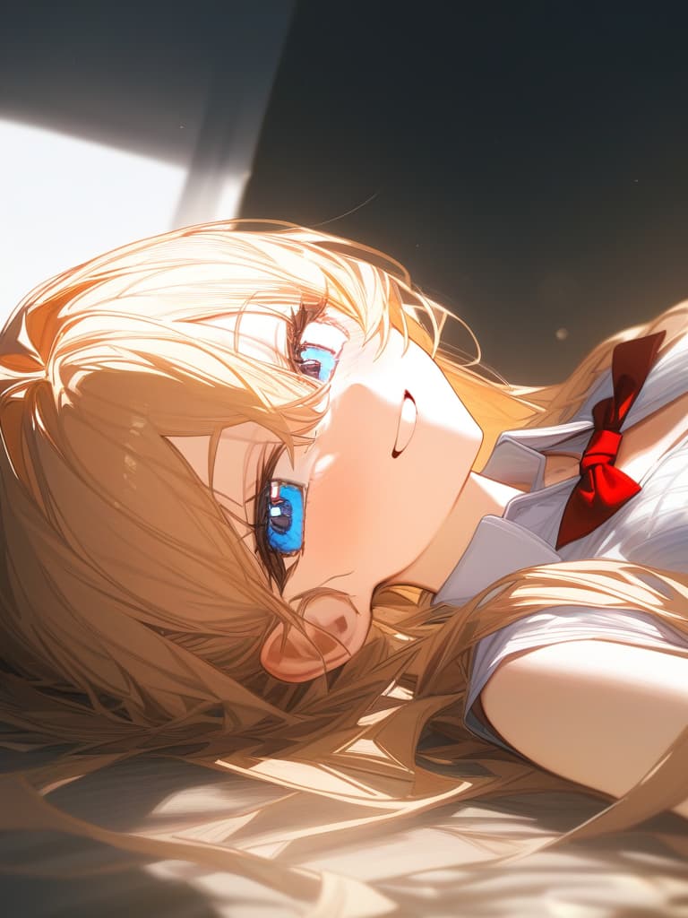  blond, girl, lying down, smiling, blue eyes, masterpiece, best quality,8k,ultra detailed,high resolution,an extremely delicate and beautiful,hyper detail