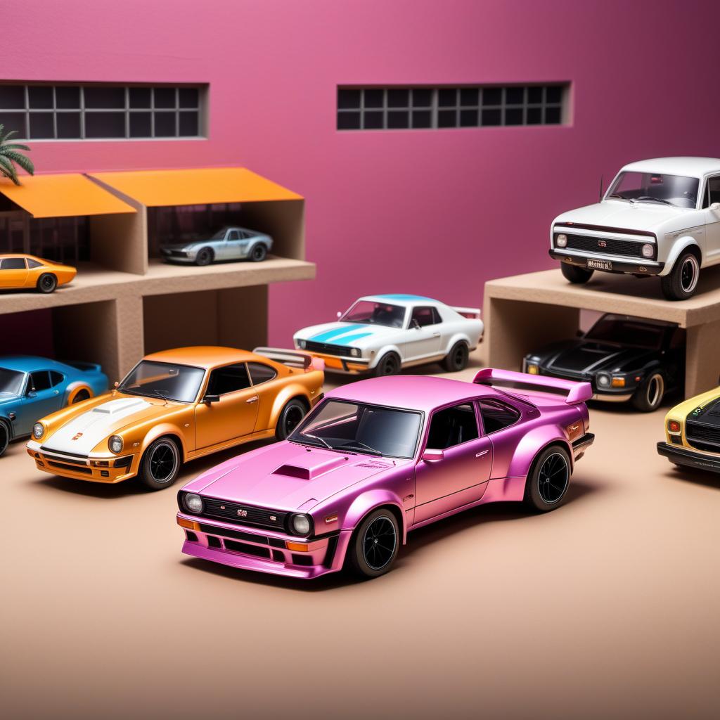  Show images of rare and valuable Hot Wheels cars, including the Hot Wheels x Daniel Arsham Eroded Rally Case & Porsche 930, the Datsun Bluebird Wagon (510) Super Treasure Hunt, the Chevy Silverado Off Road, Hot Wheels x Daniel Arsham Eroded Rodger Dodger, the Nissan Skyline GT-R (BNR34), 1969 Pink Rear-Loading Beach Bomb, the 1974 Rodger Dodger with white interior, and the Mad Maverick prototype. Each car should be detailed and positioned distinctly to highlight its unique features. hyperrealistic, full body, detailed clothing, highly detailed, cinematic lighting, stunningly beautiful, intricate, sharp focus, f/1. 8, 85mm, (centered image composition), (professionally color graded), ((bright soft diffused light)), volumetric fog, trending on instagram, trending on tumblr, HDR 4K, 8K