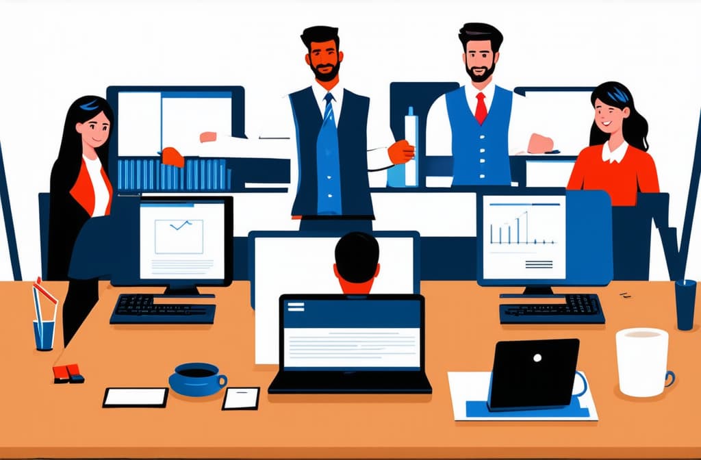  people working in office. business illustration representing busy life ar 3:2 {prompt}, maximum details