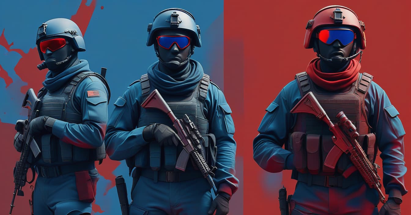  background image, blue red background without text, on the left side blue and on the right red. on the left side of the special forces soldiers, and on the right side of the guerrilla soldiers