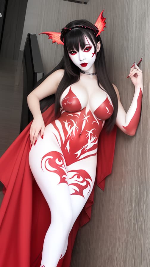  Full body red flame pattern body paint,silver body paint on the whole body, White face paint on the face, succubus 女性