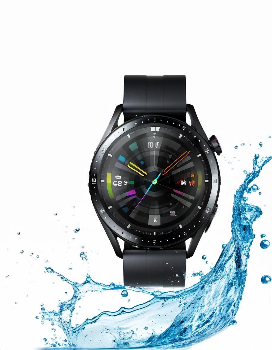  smart watch on a white background, around water splash, film photography style