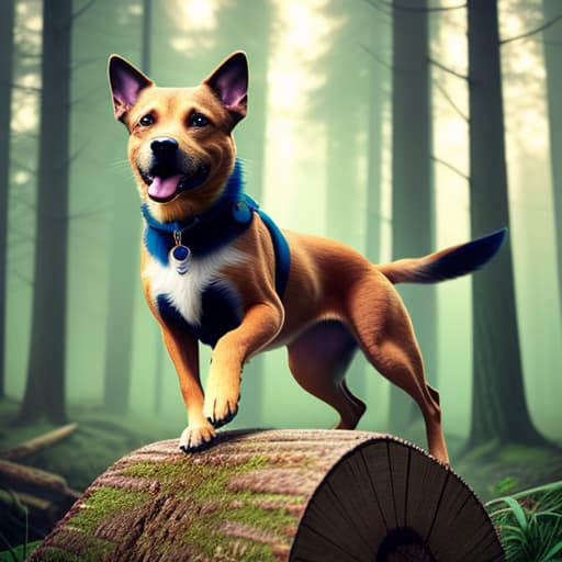  (image we're prompting): a dog jumping over a log in the woods (style of the artwork): realism (mood of the artwork): energetic (lighting of the graphic): midday t shirt design graphic, vector, contour, white background hyperrealistic, full body, detailed clothing, highly detailed, cinematic lighting, stunningly beautiful, intricate, sharp focus, f/1. 8, 85mm, (centered image composition), (professionally color graded), ((bright soft diffused light)), volumetric fog, trending on instagram, trending on tumblr, HDR 4K, 8K