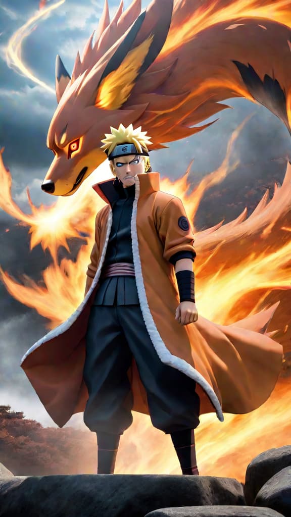  anime art: naruto with kurama and sage of six paths facing saitama in an epic showdown. hyperrealistic, full body, detailed clothing, highly detailed, cinematic lighting, stunningly beautiful, intricate, sharp focus, f/1. 8, 85mm, (centered image composition), (professionally color graded), ((bright soft diffused light)), volumetric fog, trending on instagram, trending on tumblr, HDR 4K, 8K