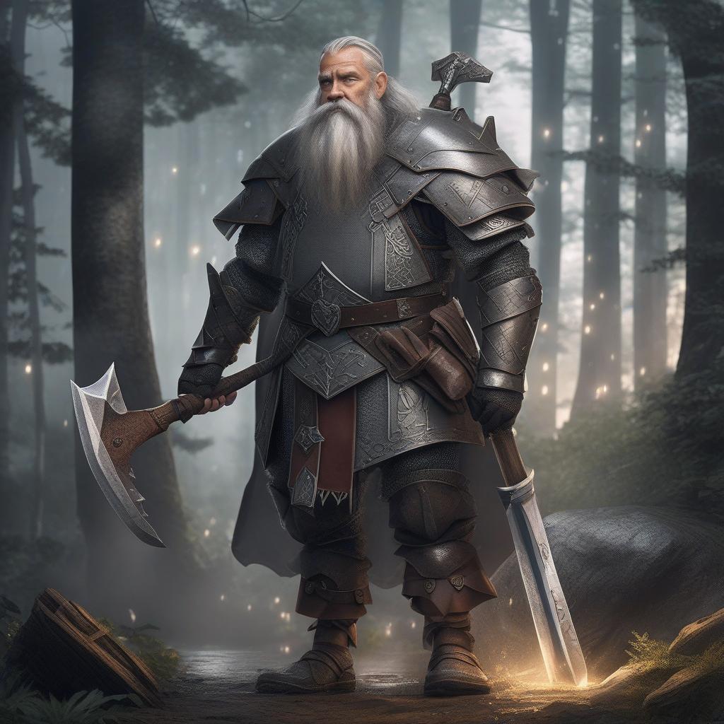  masterpiece, best quality,A small dwarf, old, gray beard, long gray hair, leather armor, axe in hand, standing proud, light rain, in a forest, in the evening,