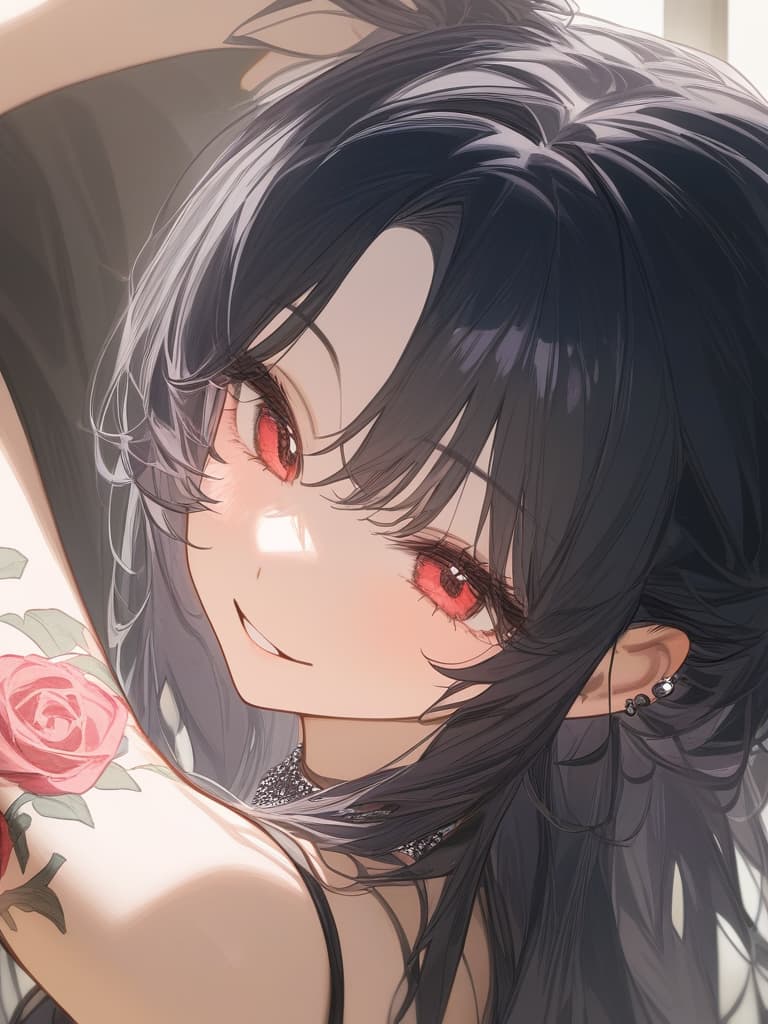  long hair, black hair, hair tips are pink, red eyes, hanging, bangs, and length of bangs, adults, adult faces, piercings, necklaces, hair are light pink and black, thin makeup on the arm. there is a rose tattoo, a rose tattoo on your arm, smiling, masterpiece, best quality,8k,ultra detailed,high resolution,an extremely delicate and beautiful,hyper detail