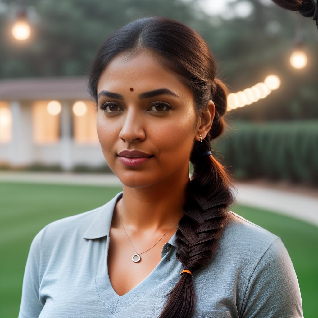  (((realistic full torso frontal head shot of a light brown to medium brown skin tone woman))), jaya tanvi saha, ((indian heritage)), immature face, hazel eye color, ((pigtails hair style)), ((black hair color)), (( body type)), small size, big size, (immature straight wide nose), (immature round cheeks), (immature defined jawline), (immature full lips), (immature medium forehead), (immature even eyebrows), (immature slightly rounded chin), standing straight looking directly into the camera,((wearing fitted polo shirt with deep v neck and monogrammed pocket)), backyard in background, 1girl, best quality, highest quality, award winning photo, masterpiece, raw, professional photography, photorealism, sharp focus, cinemat hyperrealistic, full body, detailed clothing, highly detailed, cinematic lighting, stunningly beautiful, intricate, sharp focus, f/1. 8, 85mm, (centered image composition), (professionally color graded), ((bright soft diffused light)), volumetric fog, trending on instagram, trending on tumblr, HDR 4K, 8K