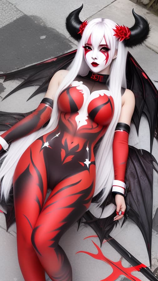  Full body red flame pattern body paint, Blark body paint on the whole body, White face paint on the face, succubus 女性