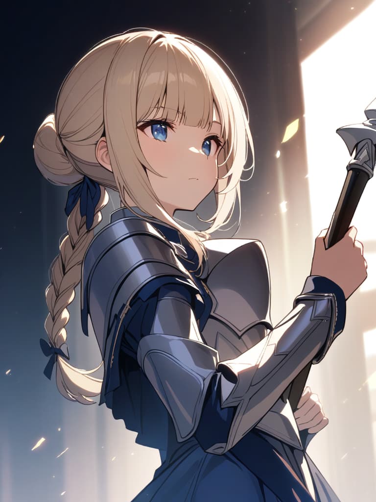  ultra detailed:1.2,masterpiece:1.2,best quality,masterpiece,bestquality,hdr:1.1,8k:1.1,very cute girl:1.3,(silver armor dress,blue dress:1.3)((blond hair,chignon:1.7)),((braided side hair,blunt bangs:1.6)),(blue head ribbon:1.1),(blue eyes:1.3),(holding great sword:1.6)dignified expression:1.3,dutch angle,upper body