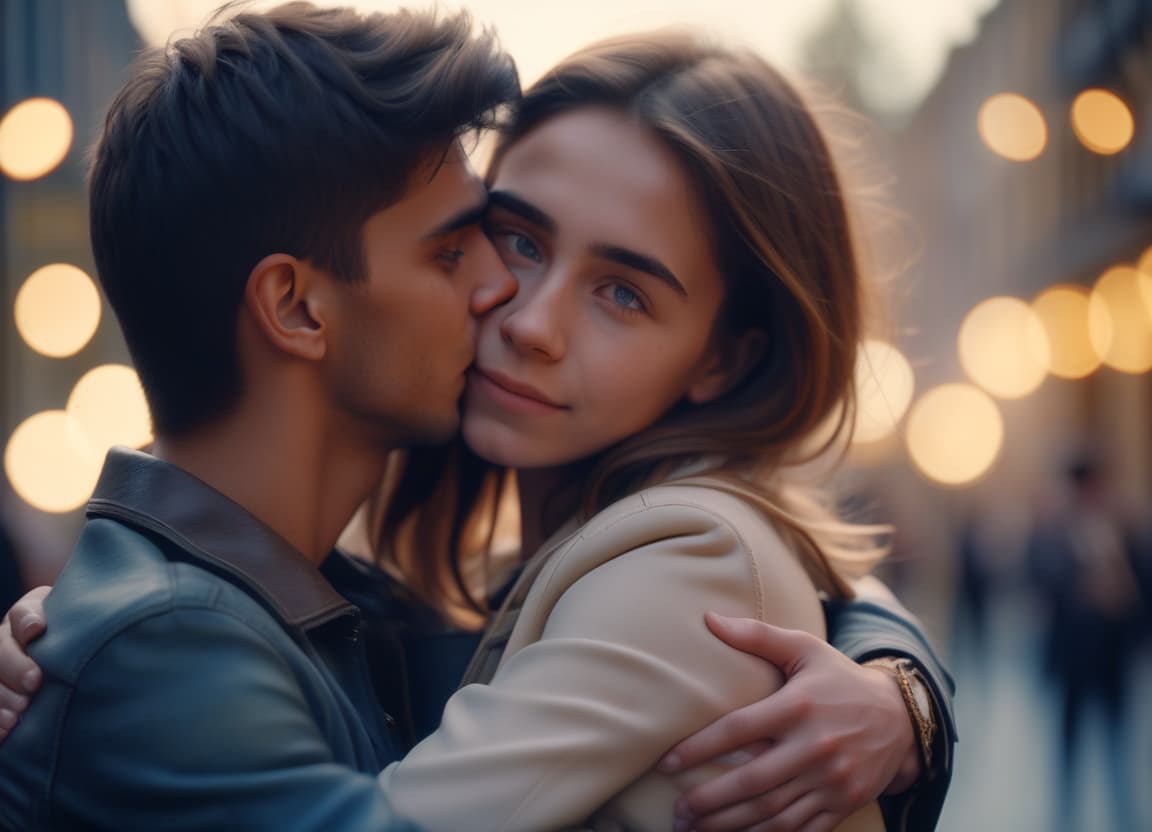  cinematic photo girl and young man hugging . 35mm photograph, film, bokeh, professional, 4k, highly detailed