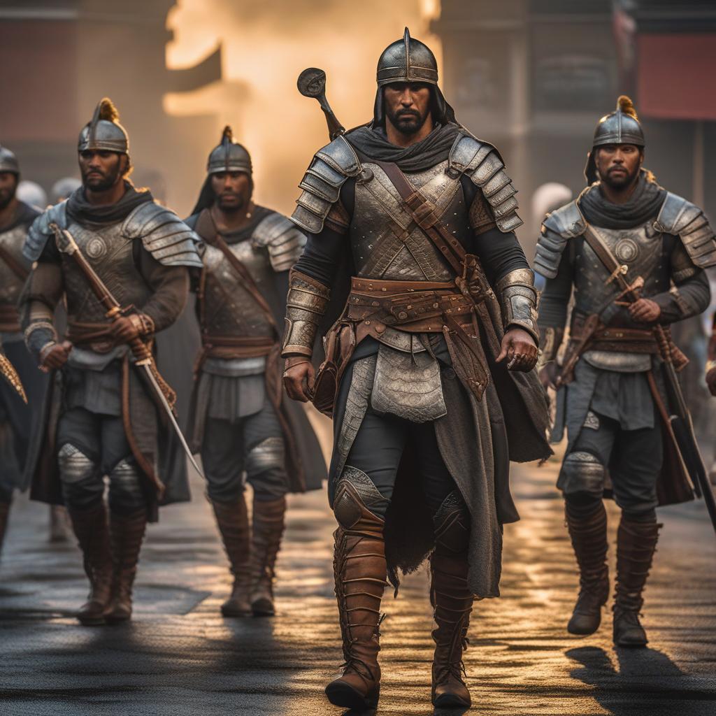  warriors hyperrealistic, full body, detailed clothing, highly detailed, cinematic lighting, stunningly beautiful, intricate, sharp focus, f/1. 8, 85mm, (centered image composition), (professionally color graded), ((bright soft diffused light)), volumetric fog, trending on instagram, trending on tumblr, HDR 4K, 8K