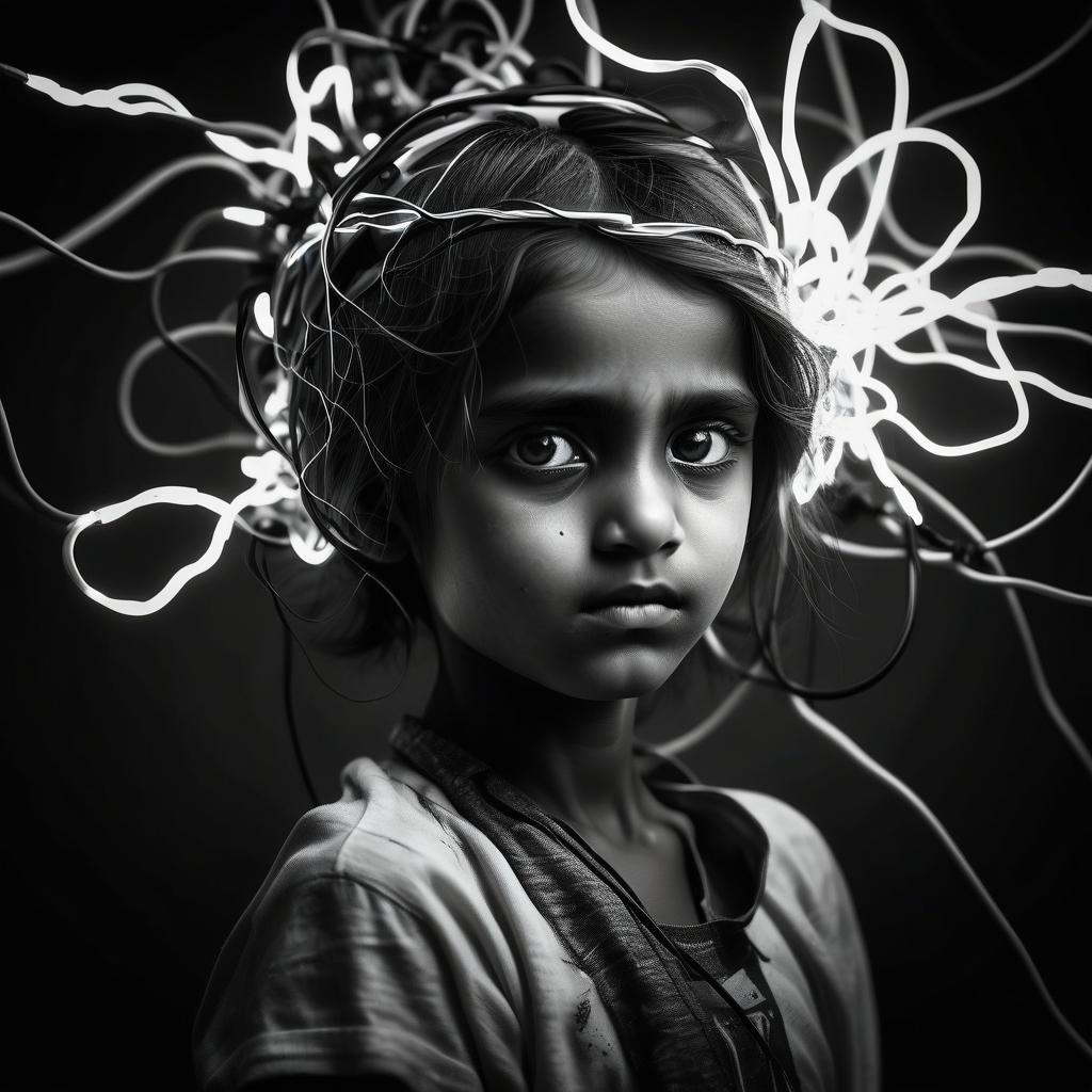  monochrome fakir girl. electricity around . black and white, contrast, tone, texture, detailed