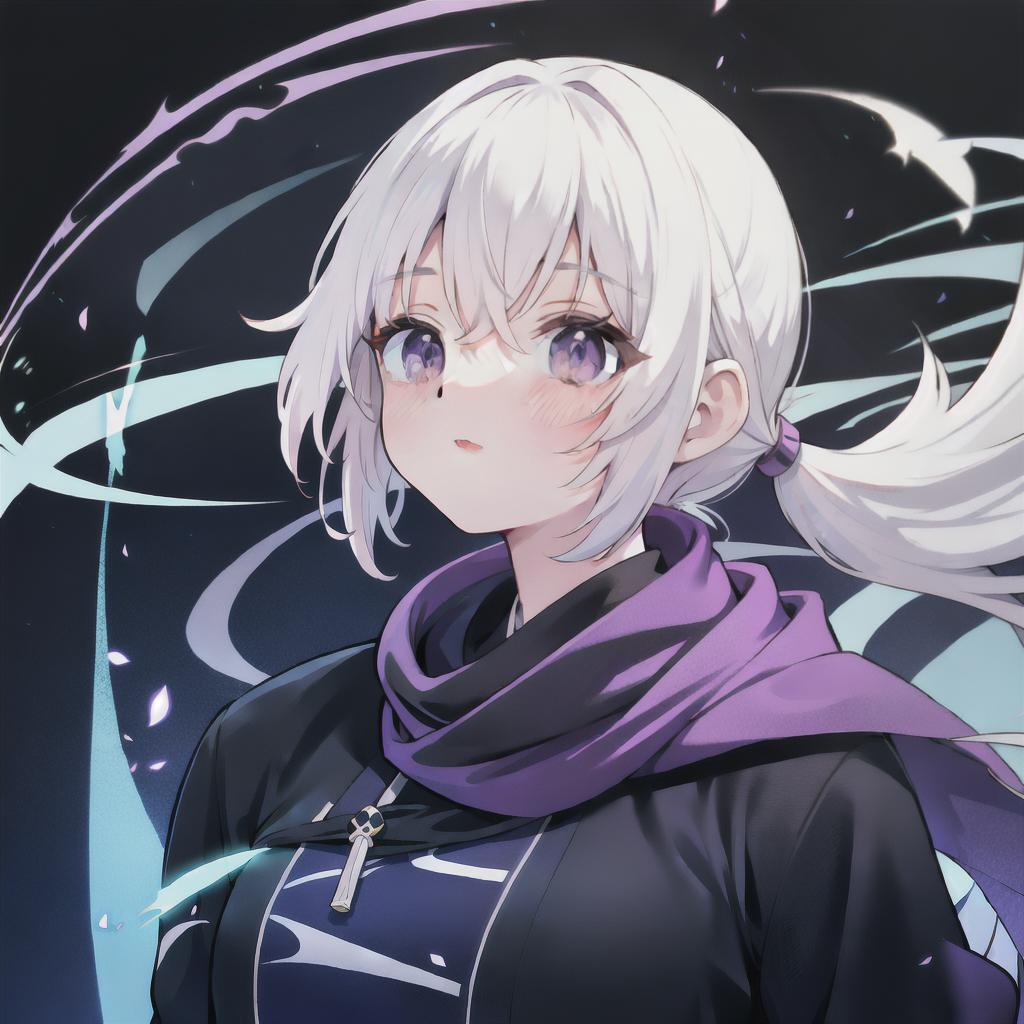  upper body, white hair, ponytail, purple eyes, (ninja), short sword, medium breats ,scarf, wallpaper, magic circle background, light particles, blue fire