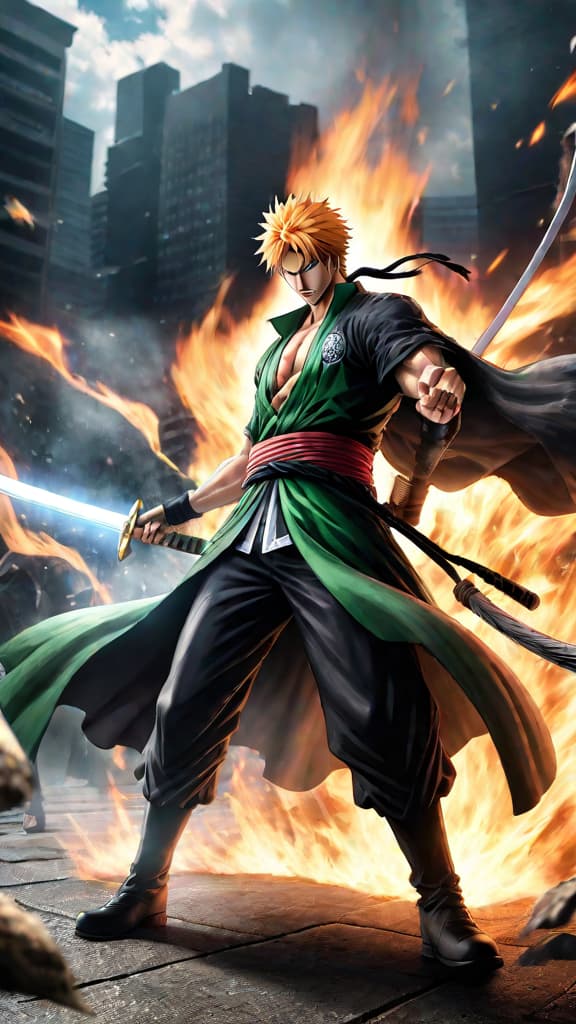  anime art: ichigo kurosaki unleashing his hollow and quincy powers in a battle against roronoa zoro. hyperrealistic, full body, detailed clothing, highly detailed, cinematic lighting, stunningly beautiful, intricate, sharp focus, f/1. 8, 85mm, (centered image composition), (professionally color graded), ((bright soft diffused light)), volumetric fog, trending on instagram, trending on tumblr, HDR 4K, 8K