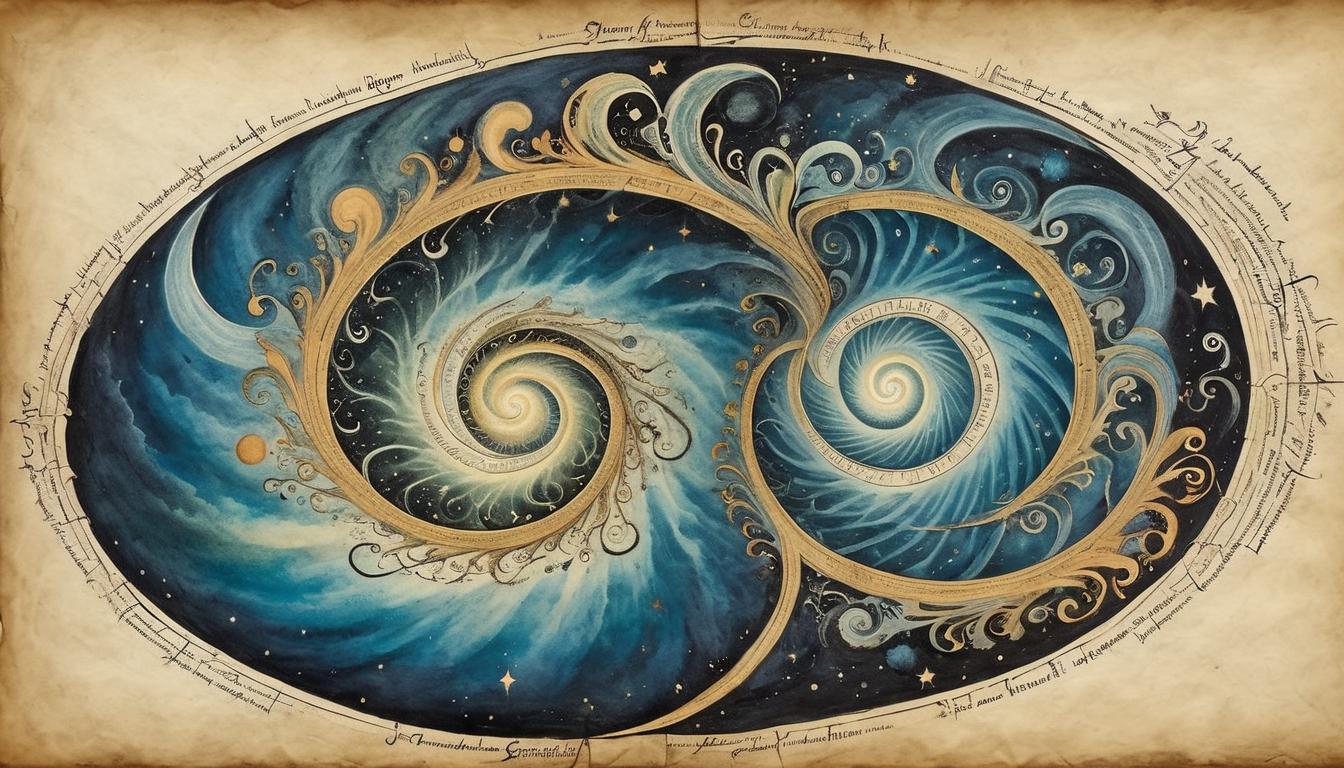  on parchment, surrealism+++, a spiraling vortex, radiating energy tendrils, dark center pulling in light, sense of cosmic retribution, intense, swirling, unavoidable(mysterious, provocative, symbolic,muted color)+++