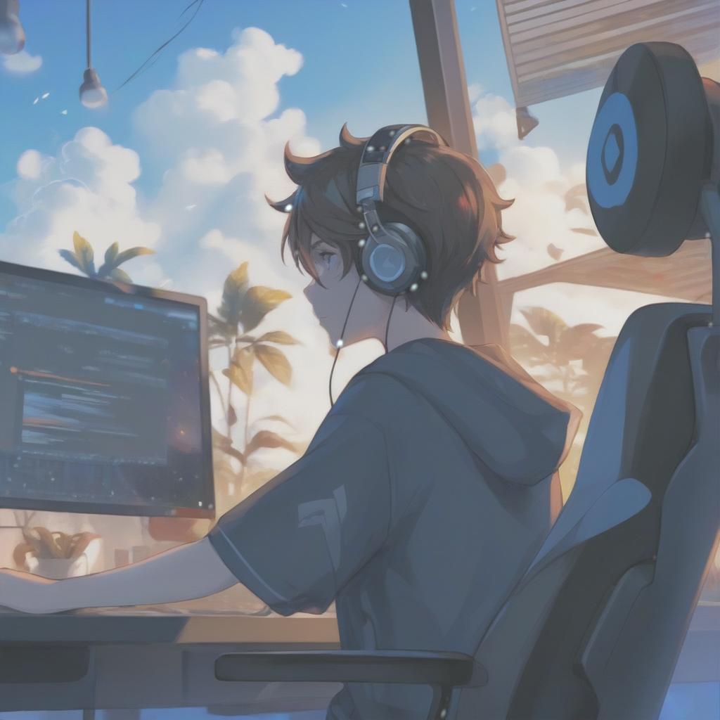  a person sitting in front of a computer with headphones on, pixiv contest winner, digital art, 4k vertical wallpaper, discord profile picture, breezy background, hero 2 d fanart artsation