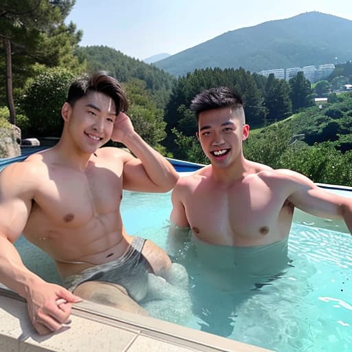  Two handsome Chinese guys with six pack muscles, chest hair, huge penises and armpit hair exposed with their hands raised in the air are taking a bath in a hot spring hotel, surrounded by mountains, water, blue sky and blue sea.