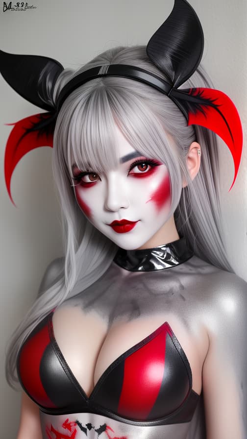  Grey and red bat pattern body paint in every corner of the body,silver body paint all over the body,Grey face paint on the face, Two succubus, full body image 女性