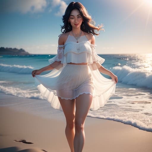  cute confidently showcasing her new at the beach. She is smiling and and posing ly, with the ocean waves in the background and a bright, sunny sky overhead." hyperrealistic, full body, detailed clothing, highly detailed, cinematic lighting, stunningly beautiful, intricate, sharp focus, f/1. 8, 85mm, (centered image composition), (professionally color graded), ((bright soft diffused light)), volumetric fog, trending on instagram, trending on tumblr, HDR 4K, 8K