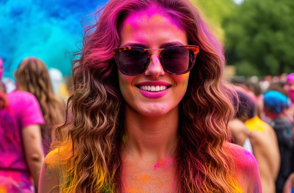  professional detailed photography, portrait of young beautiful woman with wavy brown hair wearing sunglasses at holi festival with colorful paints ar 3:2, (muted colors, dim colors, soothing tones), (vsco:0.3)