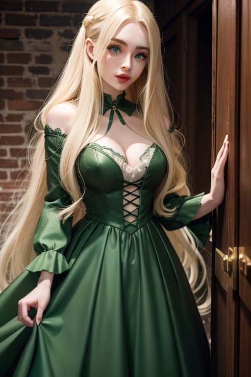  Sabrina Carpenter long hair (pale skin) ((blonde hair)) ((green eyes)) vintage gown in a dungeon