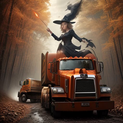  advertising poster of a computer game, flying crazy witch with the face of charlie steron waving a magic wand, next to a dump truck, dirty forest road, autumn, magic, photorealistic, 4k, adventurous , wild , captivating , by david yarrow, nick brandt, art wolfe, paul nicklen, joel sartore