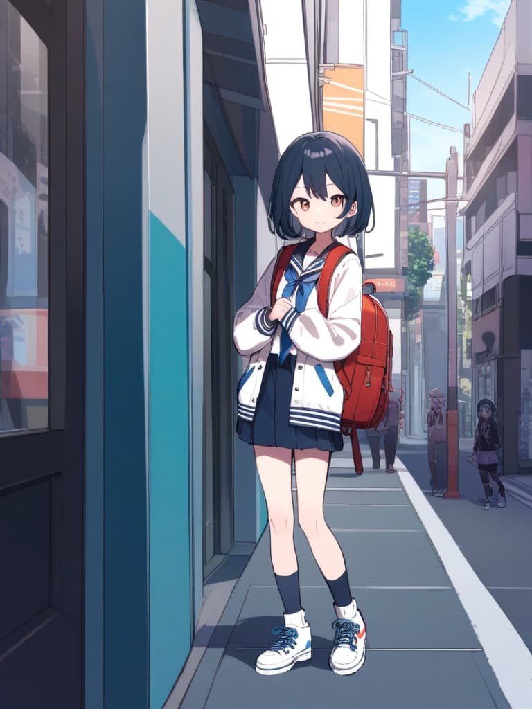  s junior high , (male ), sailor suit, mini , transvese, short hair, cute smile, backpack, ultra long row socks, bottom sneakers, whole body, in the city,