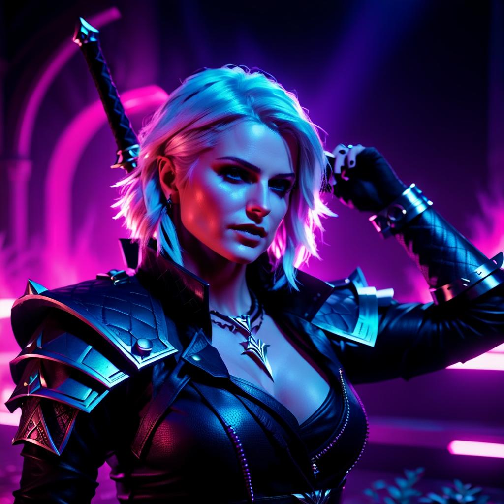  neonpunk style cirilla of the witcher . cyberpunk, vaporwave, neon, vibes, vibrant, stunningly beautiful, crisp, detailed, sleek, ultramodern, magenta highlights, dark purple shadows, high contrast, cinematic, ultra detailed, intricate, professional