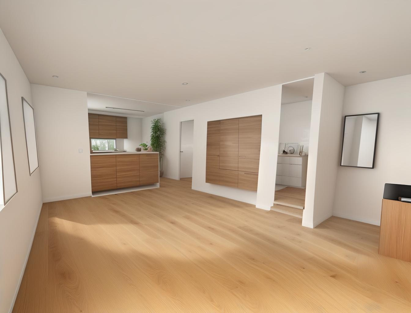  produce a photorealistic rendering of a minimalist living room with a wooden floor. the space should feature a simple, modern sofa as the focal point, with clean lines and neutral colors that complement the natural wood grain of the flooring.