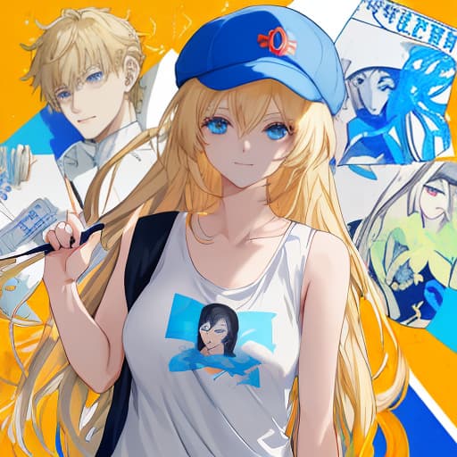  an anime , , with blonde hair and bright blue eyes, wearing a white t shirt with a blue silhouette of vladimir zhirinovsky on it, stands confidently., wearing a white tank top and a blue , stands in a voting booth on election day. she's wearing a blue baseball cap with the ldpr logo on it. the logo consists of the letters 'ЛДПР' written in bold, bright yellow cyrillic letters on a blue background. the letters are stylized and slightly elongated. she's holding a ballot paper, a gentle smile on her face as she prepares to cast her vote. the booth is slightly worn, with a few stray pen marks on the wall, indicating it's the end of a long election day. light streams in from above, illuminating her face. a poster for a f