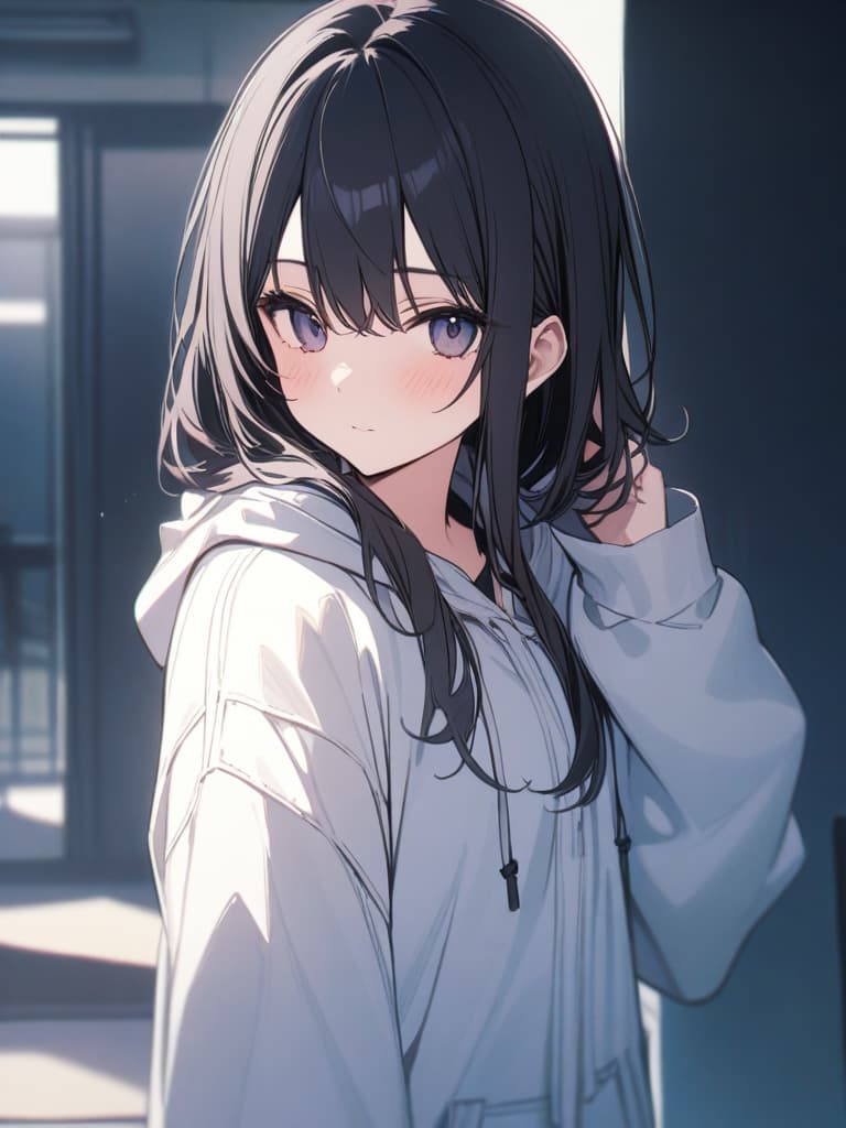  girl, cute, black hair, long, hoodie, masterpiece, best quality,8k,ultra detailed,high resolution,an extremely delicate and beautiful,hyper detail