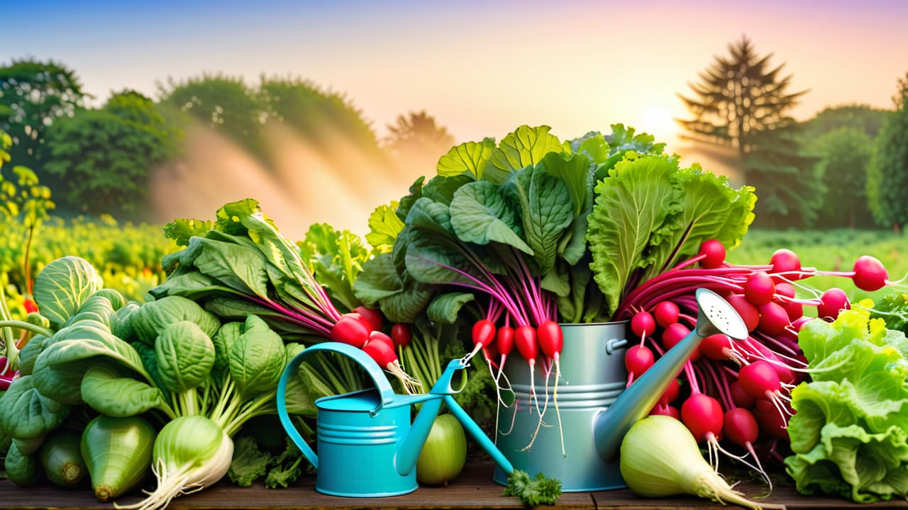  a vibrant garden scene showcasing a variety of fast growing vegetables: radishes, lettuce, and herbs, with a sunny sky overhead and a watering can nearby, inviting a sense of ease and abundance in gardening. hyperrealistic, full body, detailed clothing, highly detailed, cinematic lighting, stunningly beautiful, intricate, sharp focus, f/1. 8, 85mm, (centered image composition), (professionally color graded), ((bright soft diffused light)), volumetric fog, trending on instagram, trending on tumblr, HDR 4K, 8K