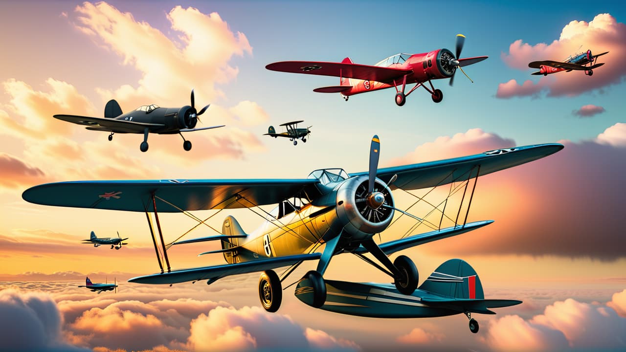  a vintage collage depicting five renowned aviation pioneers, each with their iconic aircraft: a biplane, a glider, a monoplane, a military plane, and a sleek jet, set against a dramatic sky with clouds. hyperrealistic, full body, detailed clothing, highly detailed, cinematic lighting, stunningly beautiful, intricate, sharp focus, f/1. 8, 85mm, (centered image composition), (professionally color graded), ((bright soft diffused light)), volumetric fog, trending on instagram, trending on tumblr, HDR 4K, 8K