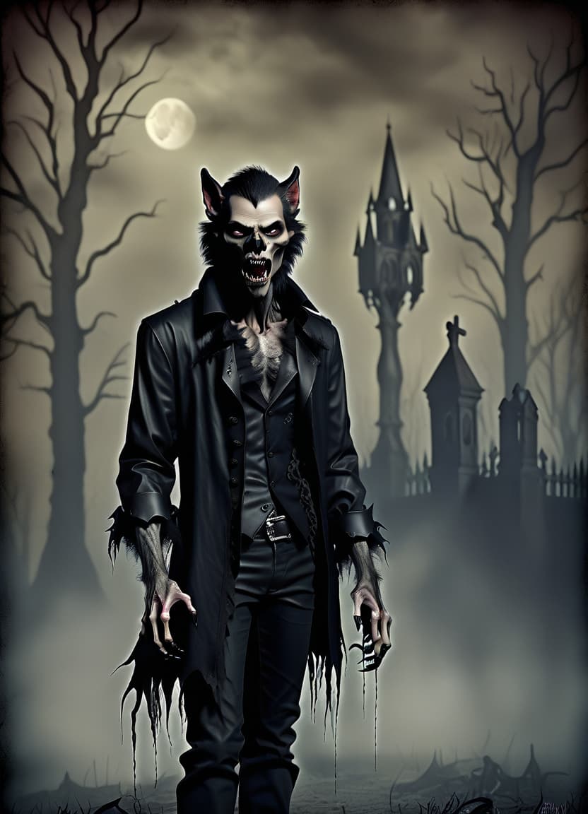  macabre style make him a werewolf . dark, gothic, grim, haunting, highly detailed