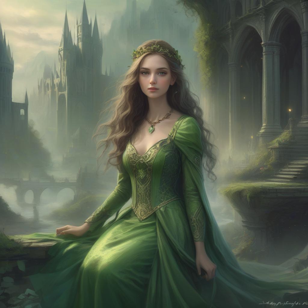  concept art a painting of a woman in a green dress, very beautiful fantasy art, beautiful fantasy art portrait, beautiful fantasy painting, dramatic fantasy art, beautiful fantasy portrait, beautiful fantasy art, celtic fantasy art, fantasy art smug smile man, highly detailed fantasy art, gothic fantasy art, digital art fantasy art, fantasy victorian art, beautiful fantasy maiden, digital art fantasy, medieval fantasy art . digital artwork, illustrative, painterly, matte painting, highly detailed