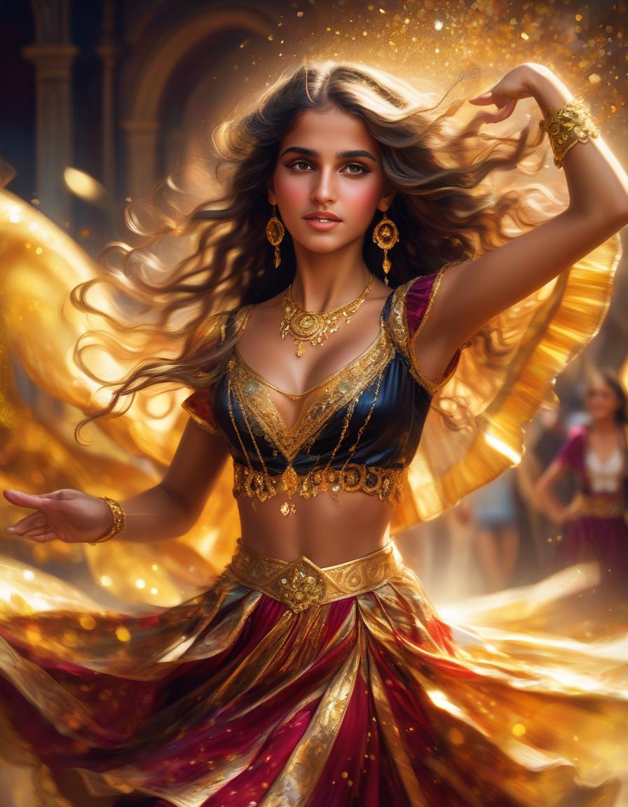  a young gypsy girl in an elegant traditional gypsy costume dances an energetic dance with a sparkle, there are a lot of gold accessories on her clothes, close up, motion blur background, digital painting, comicbook, comicbook style, art, cgi