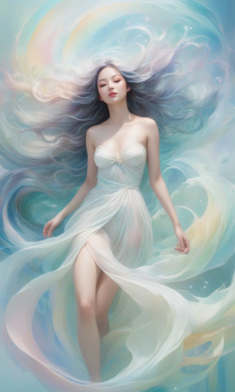  ethereal character, dissolving in the flow of time, airy colors, pastel tones