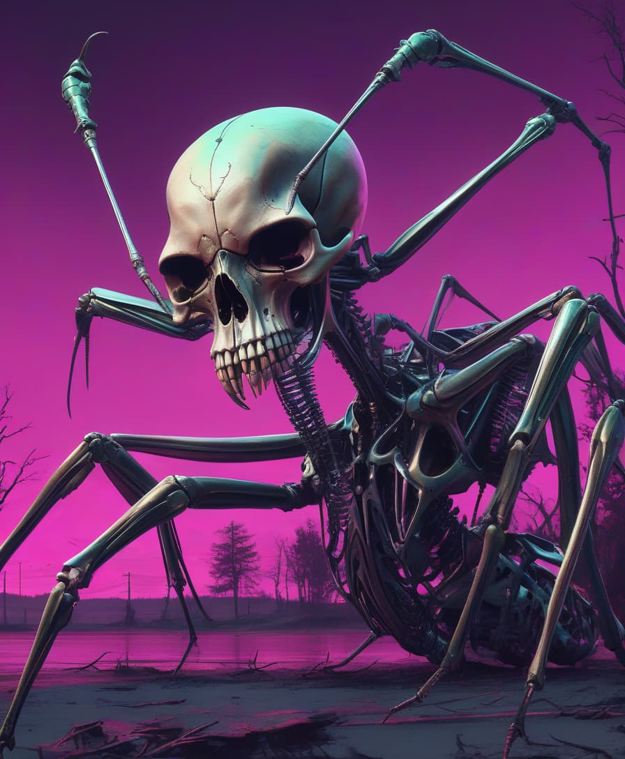  macabre style giant mantis, skull, chrome. synthwave art. . dark, gothic, grim, haunting, highly detailed