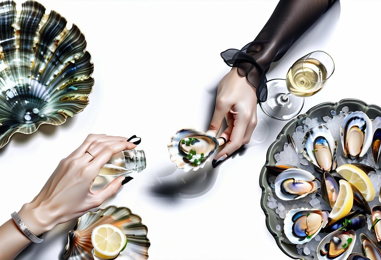  real photo, 4k resolution, on the black table there are dishes in the form of shells, a dish with mussels and women's hands, next to glasses of champagne