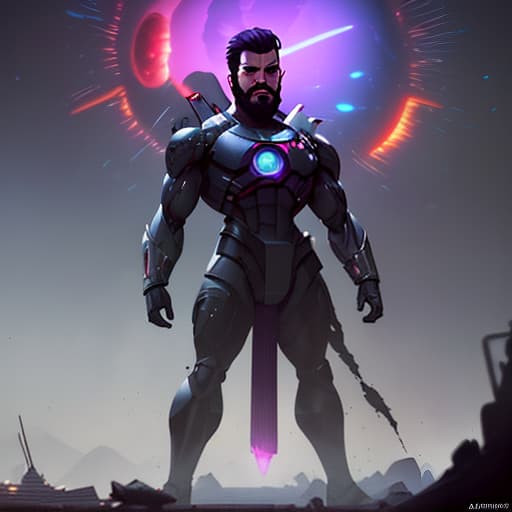  the protector of the universe is a young man of lean build, with a small beard and a short haircut. the left eyeball is purple. the right eyeball is red. standing against the backdrop of a destroyed planet. possesses a powerful force of destruction., anime style photo, manga style, digital art, glow effects, hand drawn, render, 8k, octane render, cinema 4d, blender, dark, atmospheric 4k ultra detailed, cinematic sensual, sharp focus, humorous illustration, hyperrealistic, big depth of field, masterpiece, colors, 3d octane render, 4k, concept art, trending on artstation, hyperrealistic, vivid colors