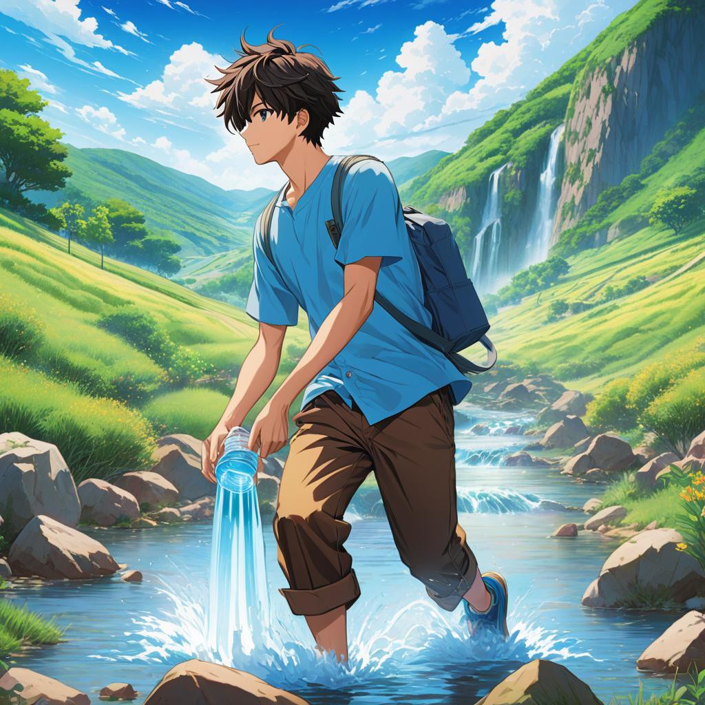  ### scene 1: fetching water **description**: “a anime style character is set in a vibrant countryside scene. a young man leaving showing his back holding with each hand 2 pails full with water. he wears a light blue shirt and brown pants.the landscape is with a serene stream flowing nearby under a clear blue sky.”, anime artwork, anime style, key visual, vibrant, studio anime, highly detailed