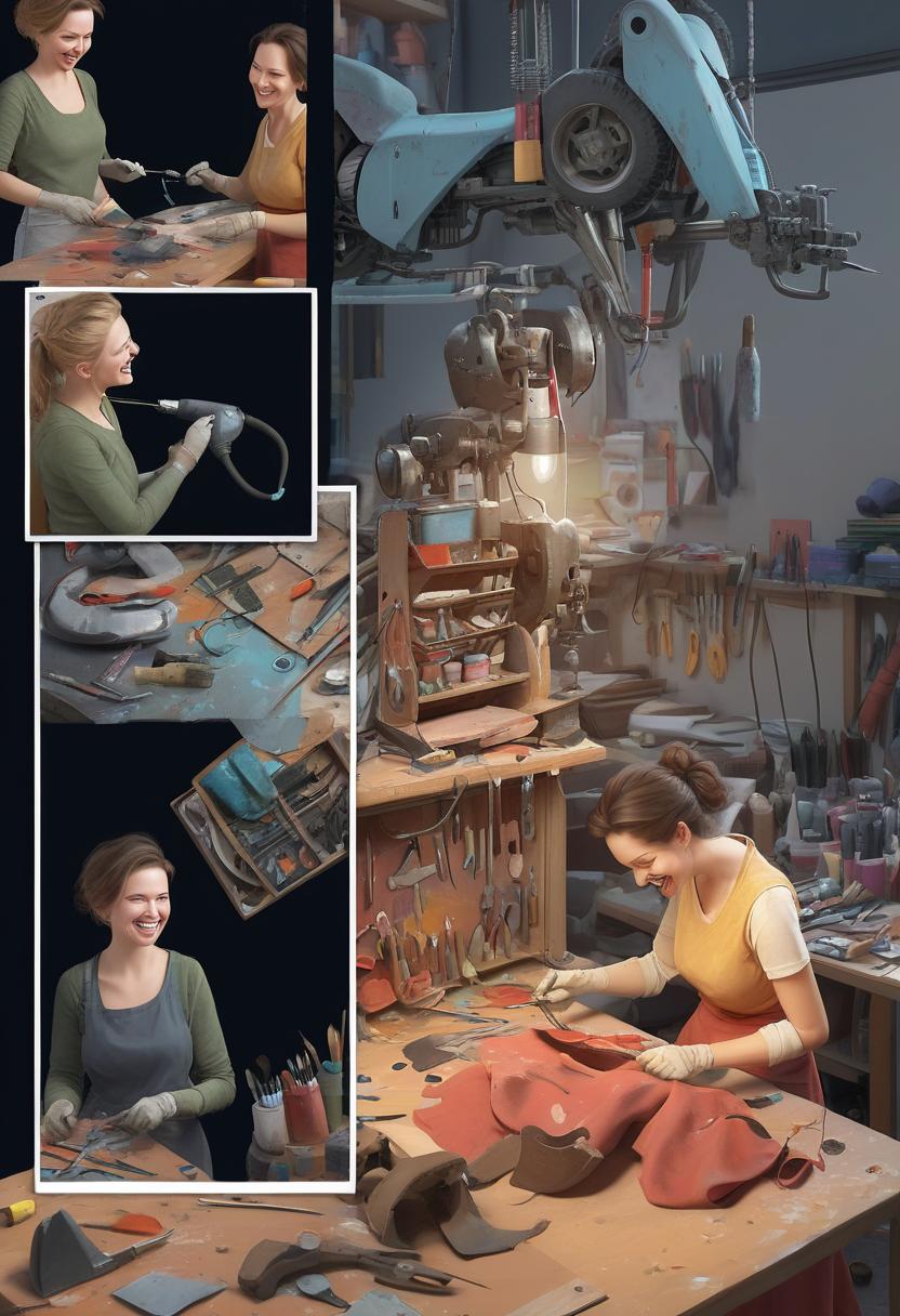  concept art lifehack, repair, women, workshop, smile . digital artwork, illustrative, painterly, matte painting, highly detailed