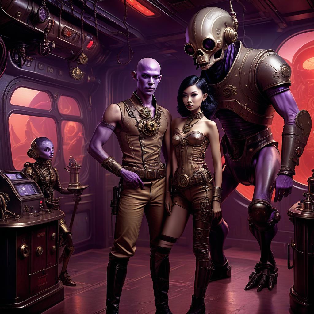  nautical themed a group of smugglers, a young alien of thai appearance, 20 year, with purple skin, small , elegant thin waist, long slender legs, black hair. a man with a , 40 year, small growth, bald, black. next to the droid and minotaur. full length image, steampunk, dieselpunk, paropunk, standing in a space tavern, against a background of red light. . sea, ocean, ships, maritime, beach, marine life, highly detailed