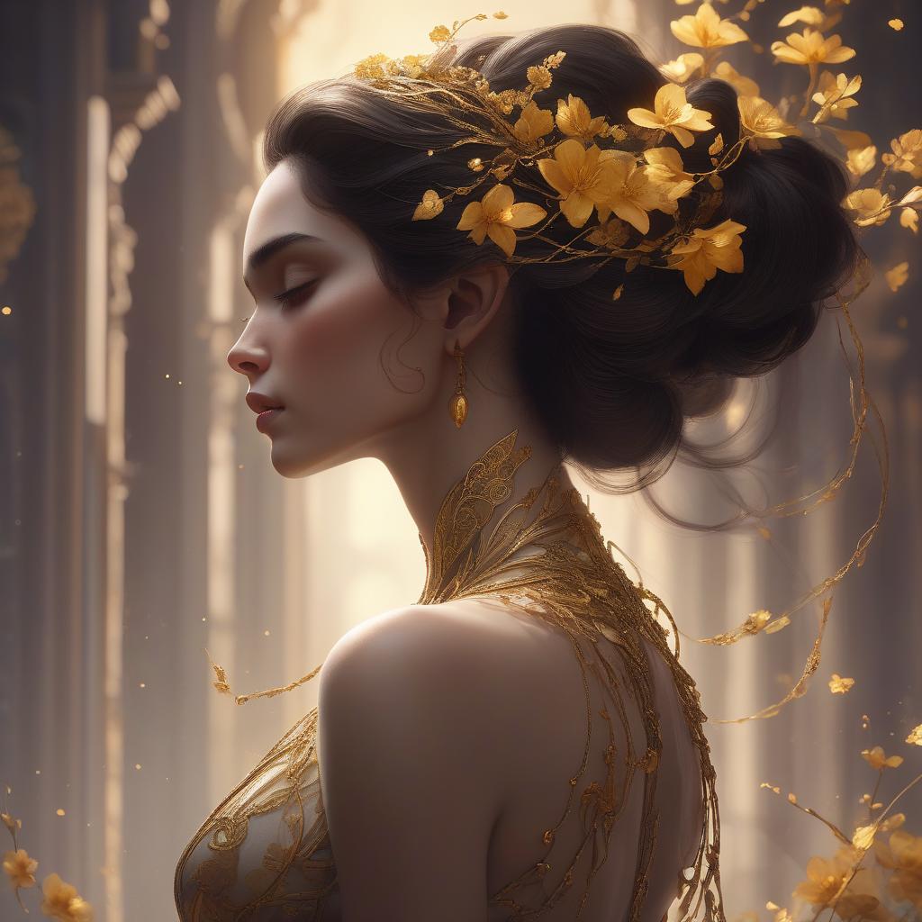  sleek, porcelain skinned woman in profile gazing upward, rich dark tresses cascade down her back, adorned with delicate golden flowers intertwined with strands, soft warm light dances across her face. sumptuous velvety textures, and ethereal atmospheric effects like those seen in 8k resolution, trending pieces on artstation, influenced by the stunningly detailed digital illustrations of anna dittmann, with the rich colors and intricate patterns reminiscent of unreal engine 5 concept art.