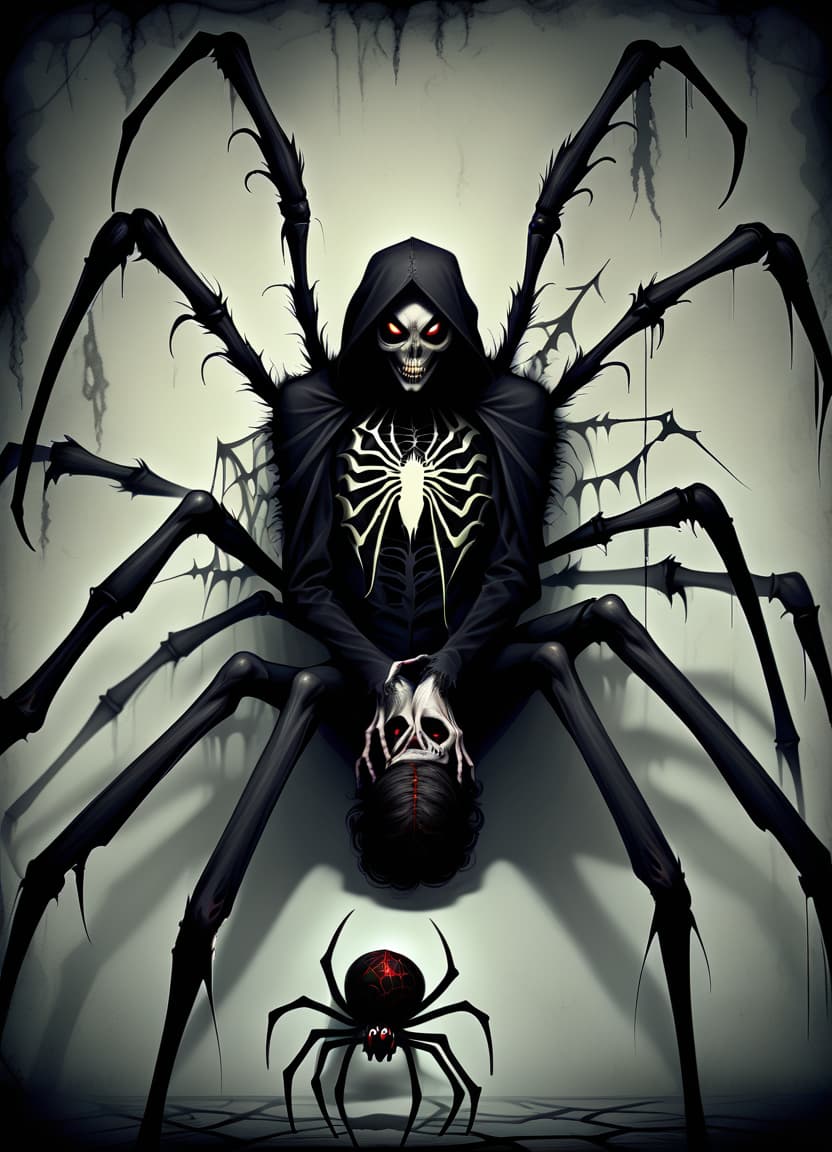  macabre style make him a man with the lower half of a spider's body . dark, gothic, grim, haunting, highly detailed