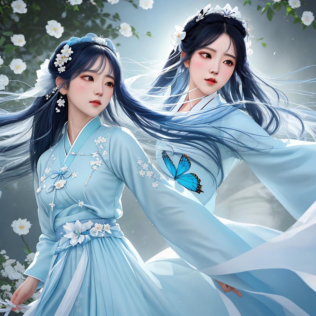  masterpiece, best quality, (Fidelity: 1.4), Best Quality, Masterpiece, Ultra High Resolution, Poster, Fantasy Art, Very Detailed Faces, 8k resolution, Chinese Style, An woman, Side Face, Quiet, Light Blue Hanfu, Tulle Coat, Long Black Hair, Light Blue Fringed Hair Ornament, Hairpin, White Ribbon, White Flower Bush, Light Blue Butterfly Flying, cinematic lighting effects