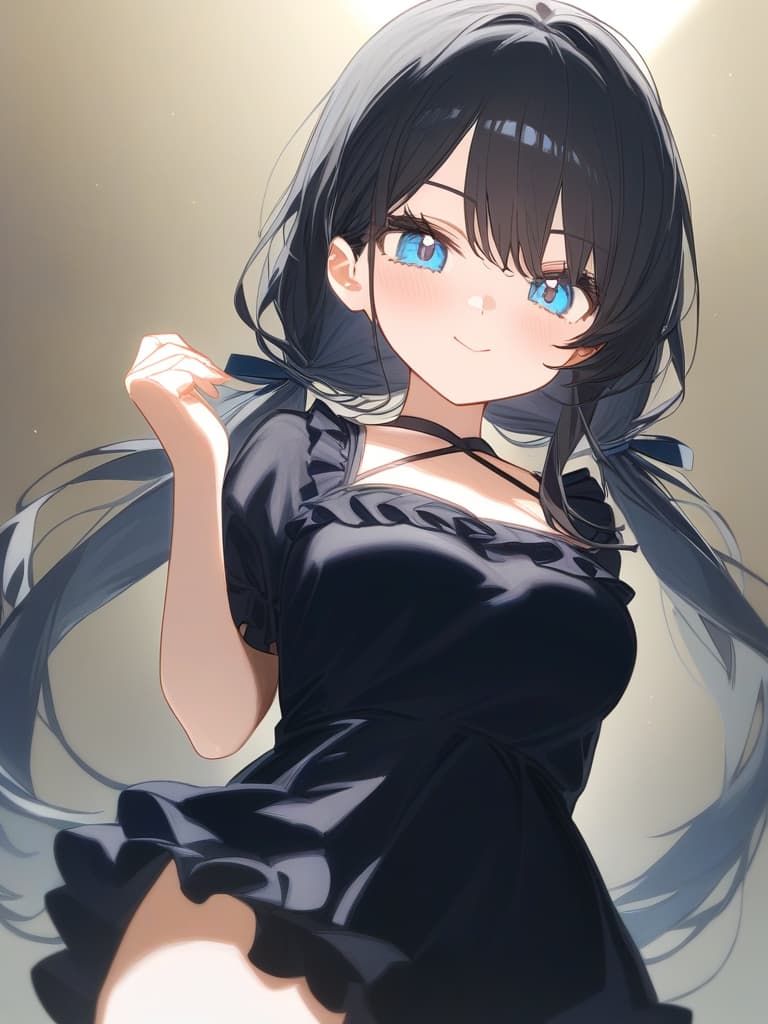  cute face focus,cute,black hair,light blue eyes,cute posing,frill onepiece,low twin tail