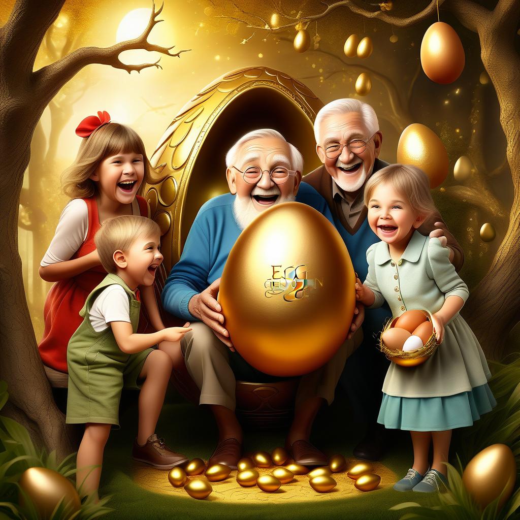  fairy tale grandparents and grandparents rejoice at the golden egg, a scene where grandparents look enthusiastically at the golden egg. . magical, fantastical, enchanting, storybook style, highly detailed