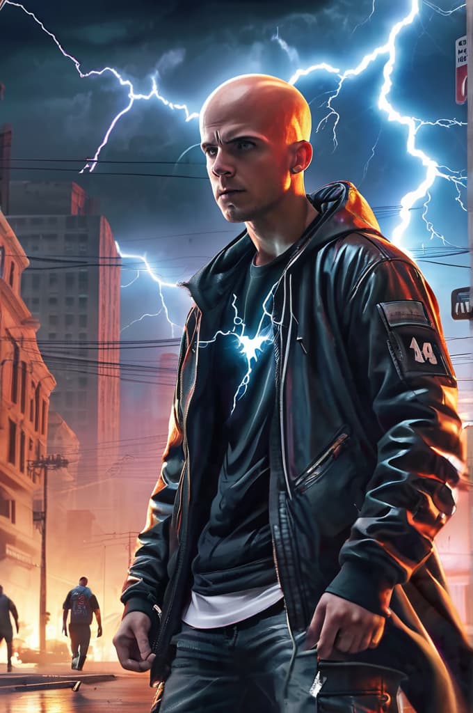  bald skater street kid getting electrocuted by lightning in a futuristic city while zombies watch , 4k